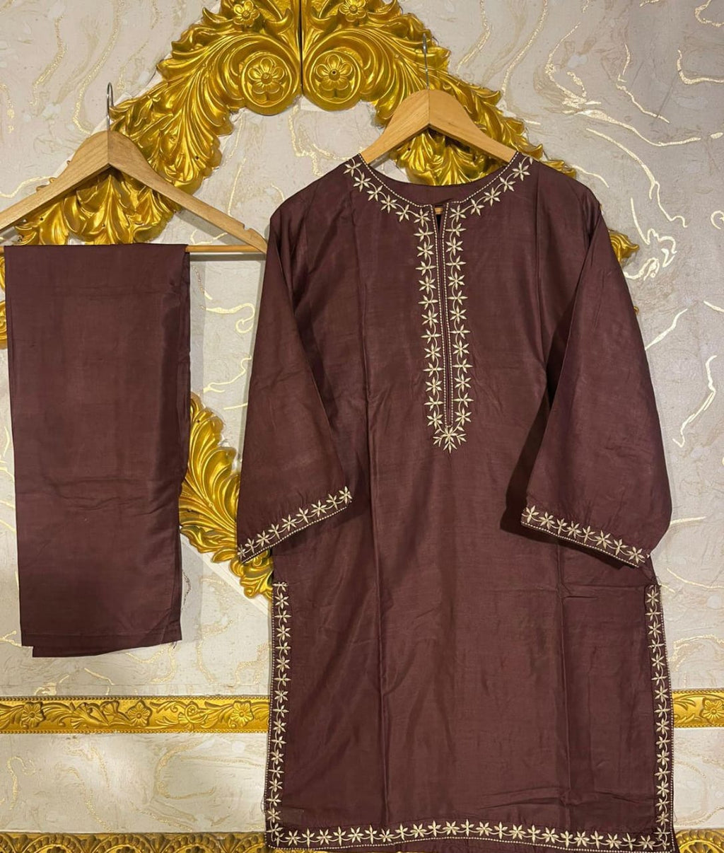 2pcs Stitched Suits Embroidered Linen Shirt And Trouser