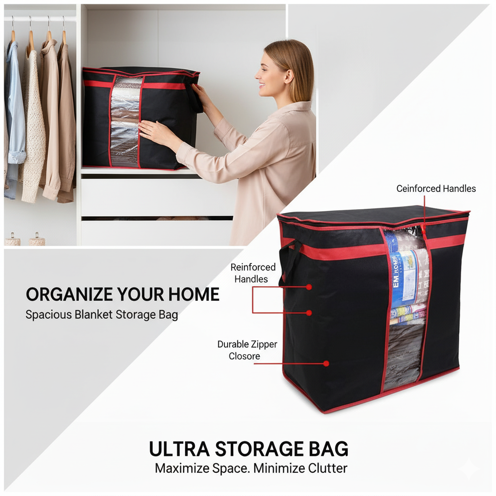 Pack of 4 Black Storage Blanket Bag Organizer